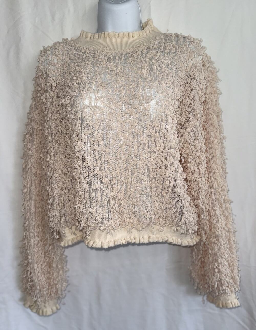 Zara Nude Beige Fuzzy Sweater Pullover Top Shear Lightweight Chic Comfy Sz L